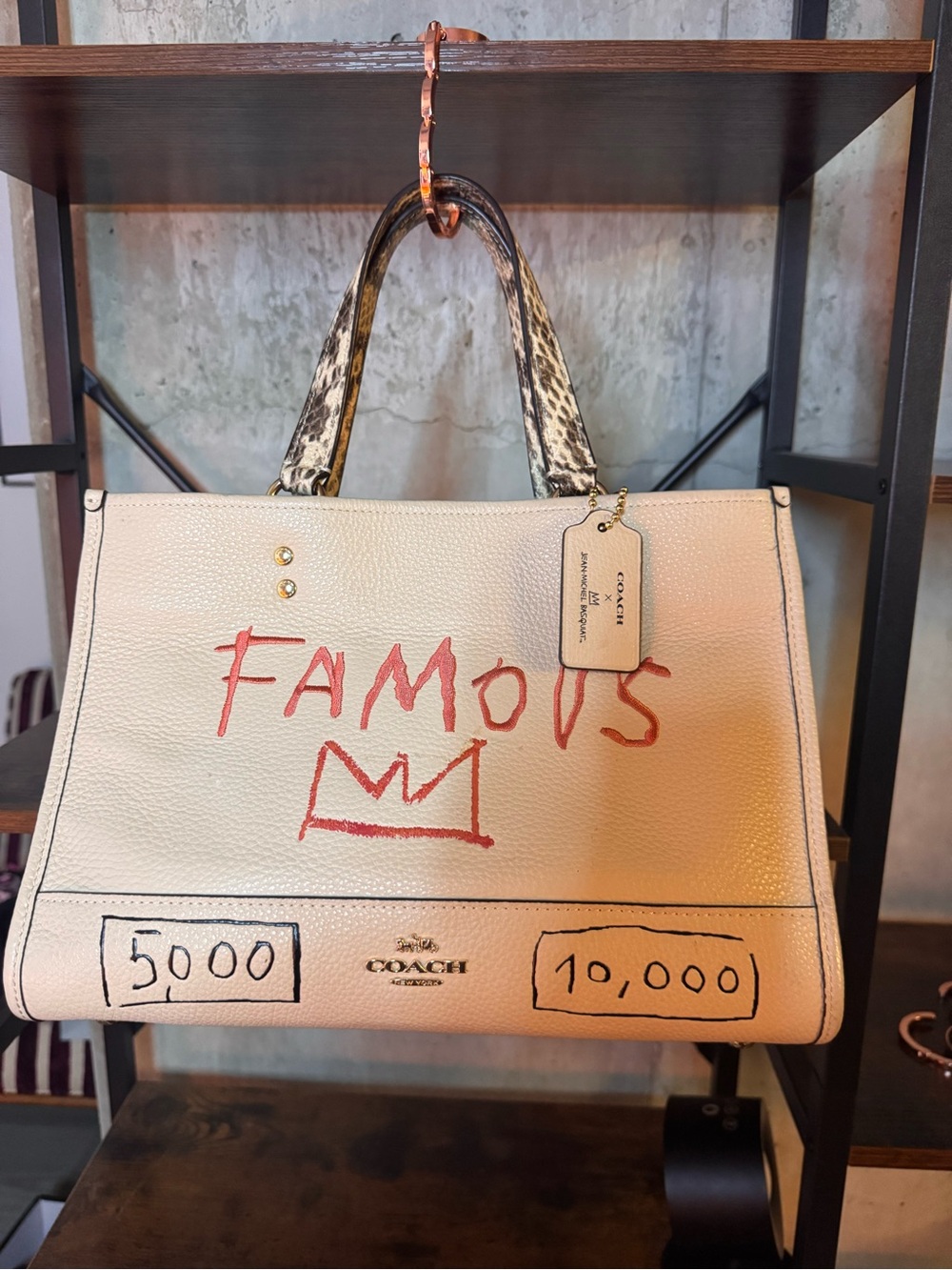 Coach X Jean Michael Basquiat @FAMOUS Cream Leather & Snake-Print Top Handle Bag